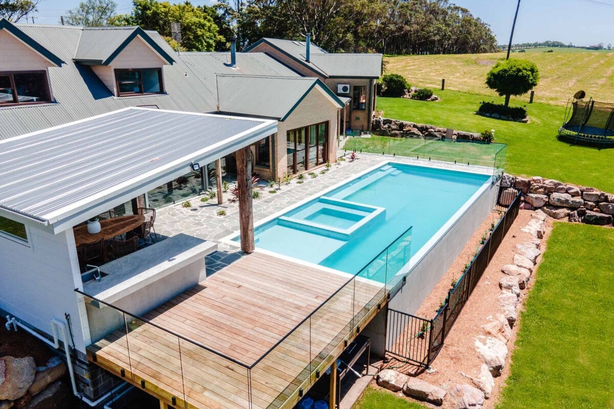Project Jerrara (Jerrara, South Coast, NSW) - pool area, decking, fencing and outdoor BBQ/dining area