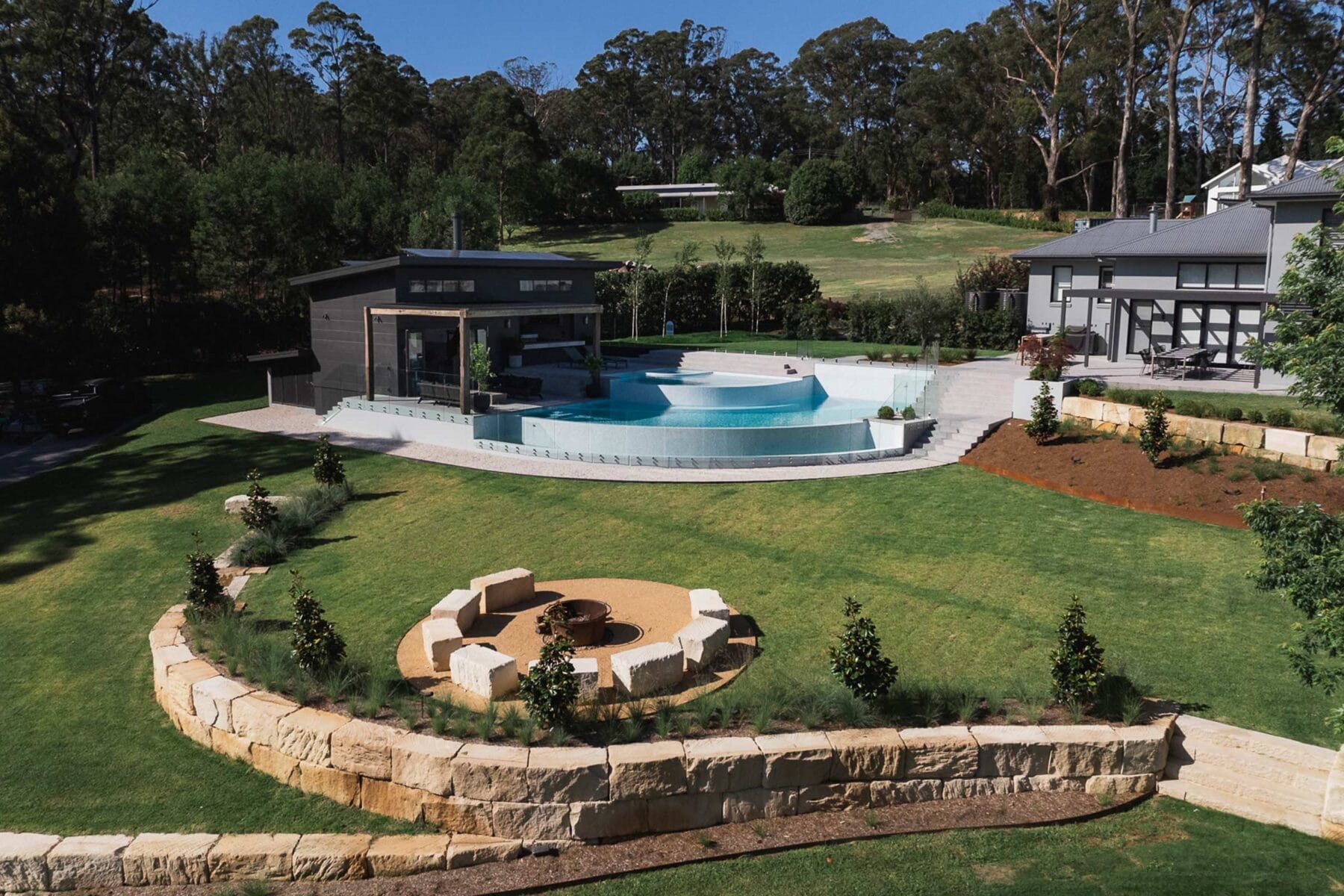 Project Range (Mittagong, Southern Highlands, NSW) - stone retaining wall and firepit
