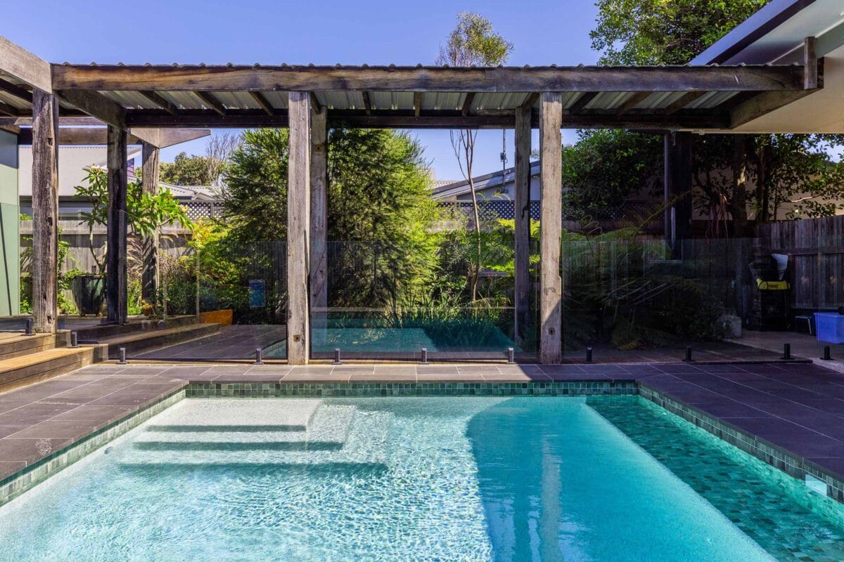 Project Renfrew (Werri Beach, South Coast, NSW) - pool area and wooden shade structure