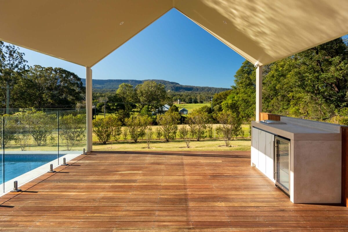 Project Valley (Berry, South Coast, NSW) - BBQ area, wooden decking and shade structure